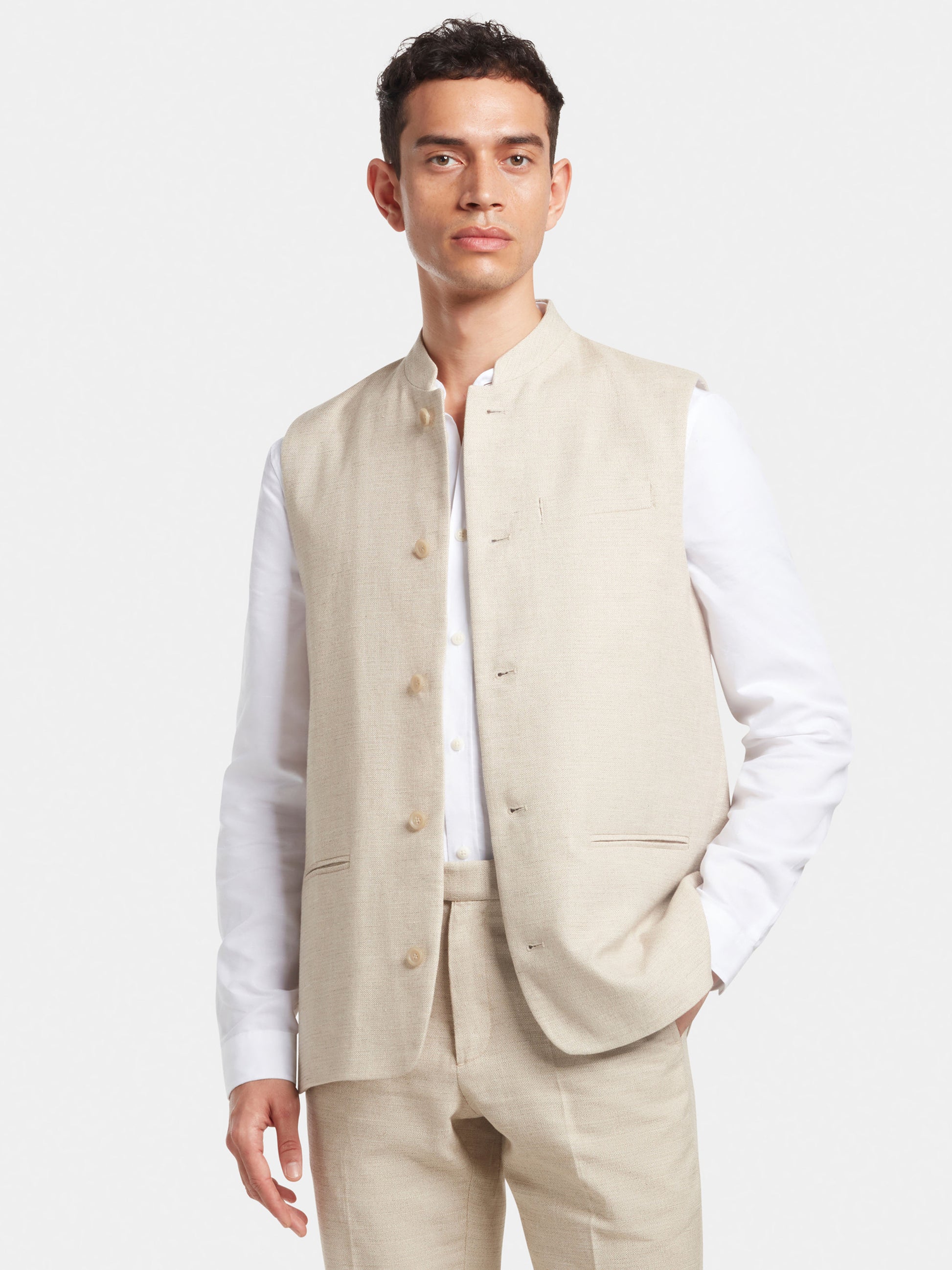 Sand Cotton Linen Nehru Waistcoat, Nehru Waistcoats - SIRPLUS
