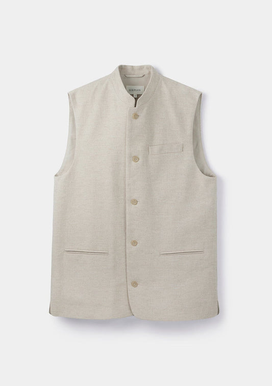 Sand Cotton Linen Nehru Waistcoat, Nehru Waistcoat - SIRPLUS