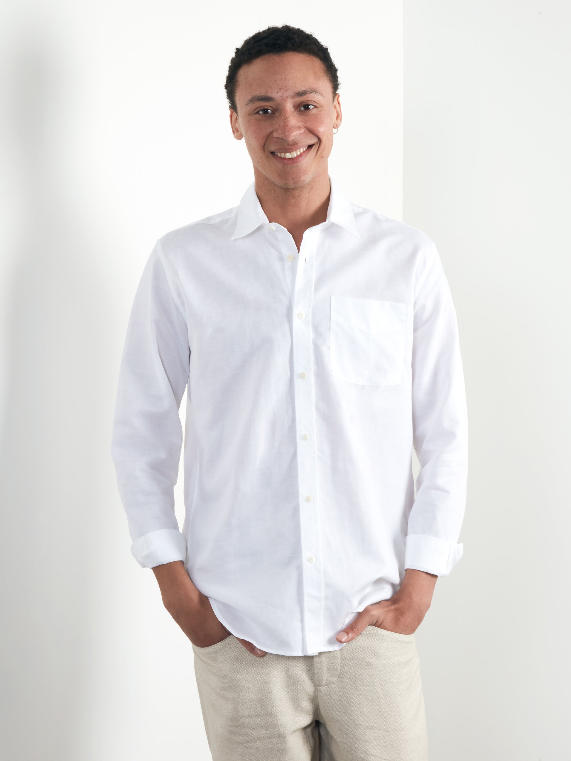 White Cotton Linen Collared Shirt, Collar Shirts - SIRPLUS