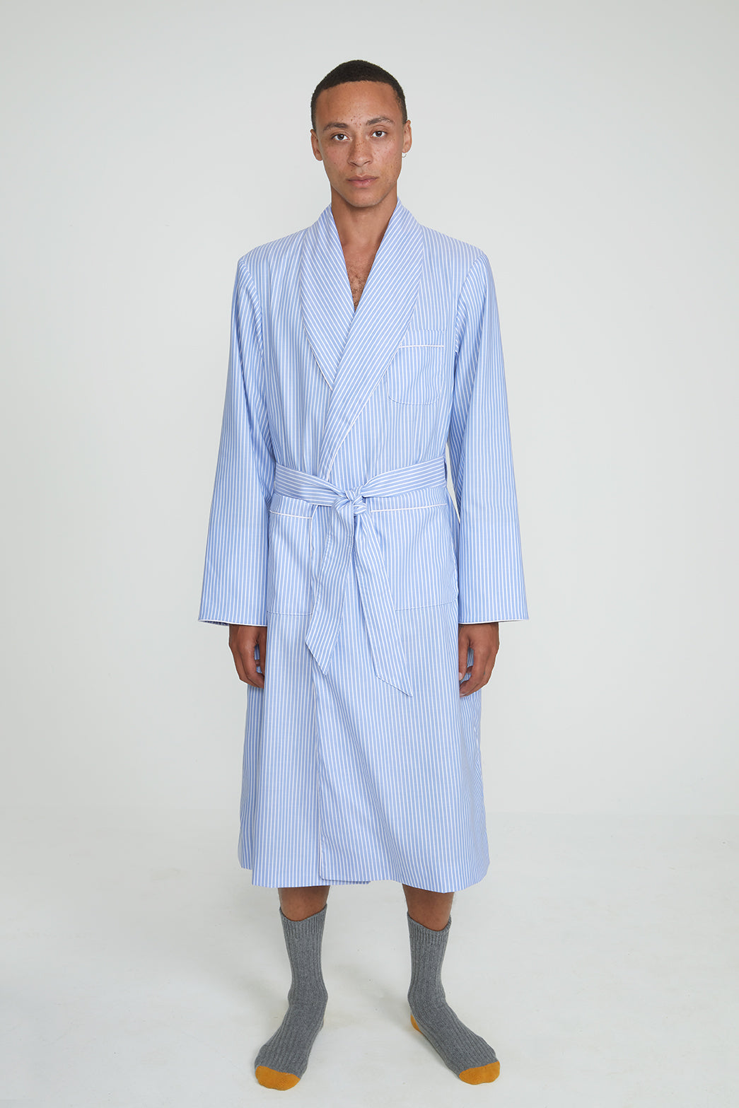 Light Blue Striped Cotton Dressing Gown, Dressing Gown - SIRPLUS