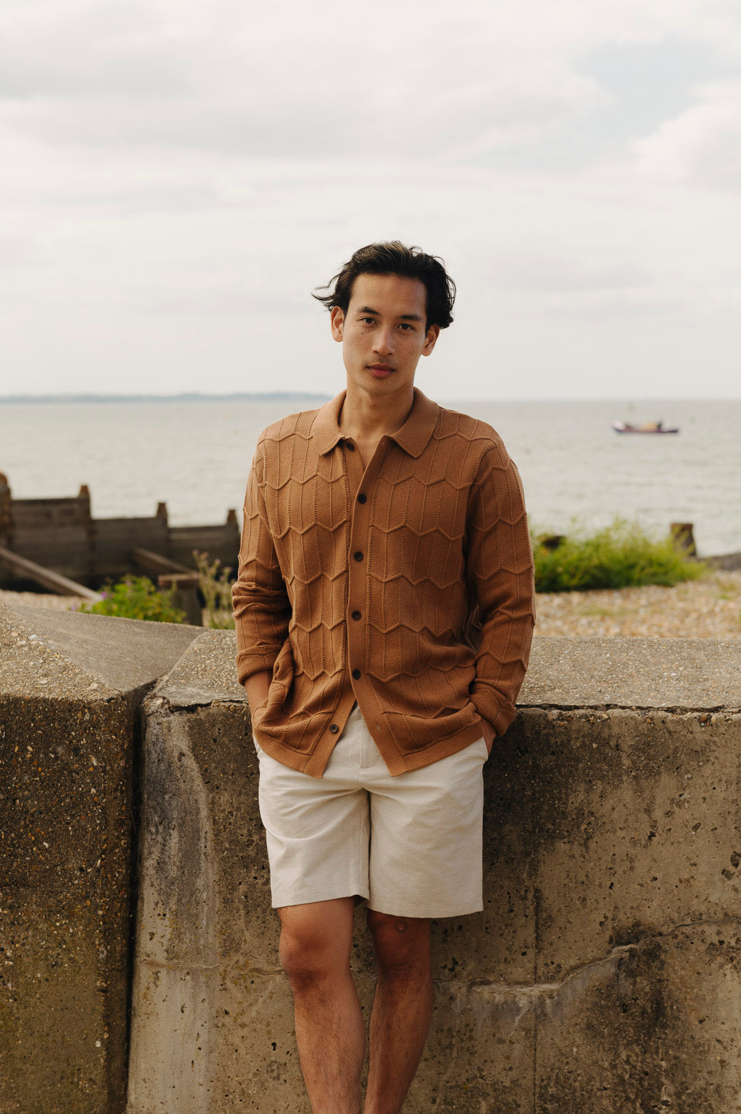 Caramel Chevron Knit Long Sleeve Polo, Polo Shirt - SIRPLUS