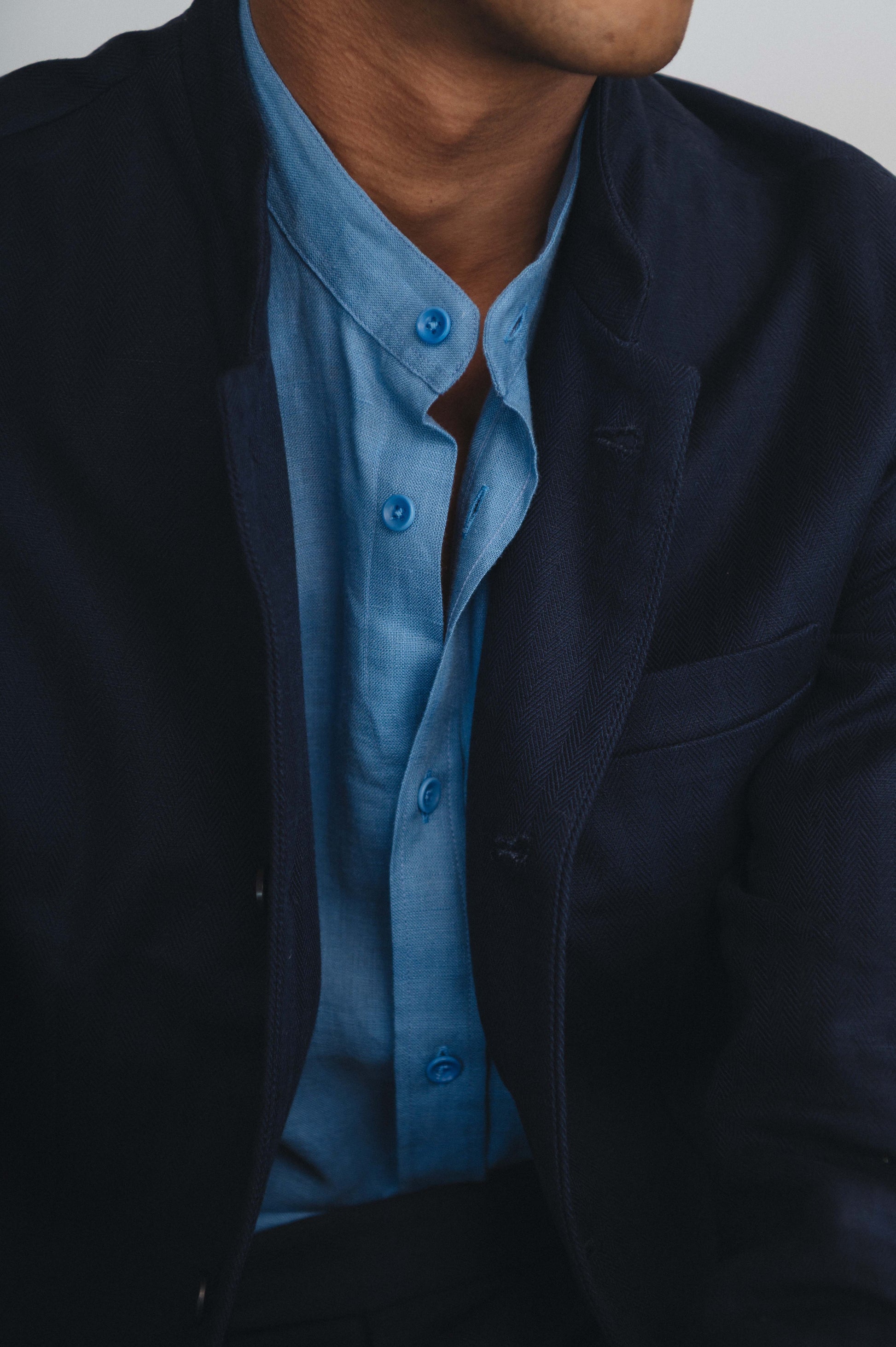 Navy Herringbone Cotton Linen Nehru Jacket, Nehru Jacket - SIRPLUS