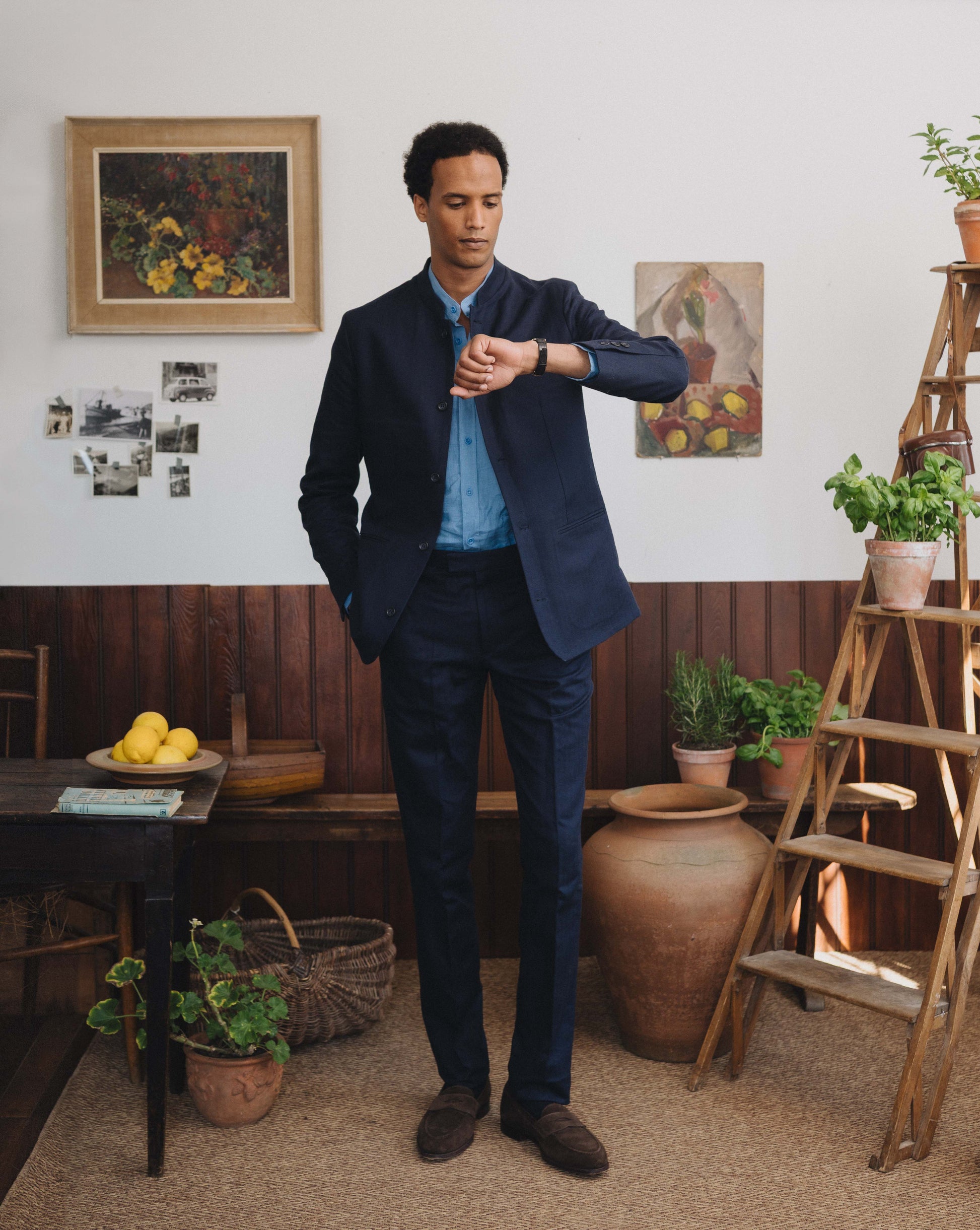 Navy Herringbone Cotton Linen Nehru Jacket, Nehru Jacket - SIRPLUS