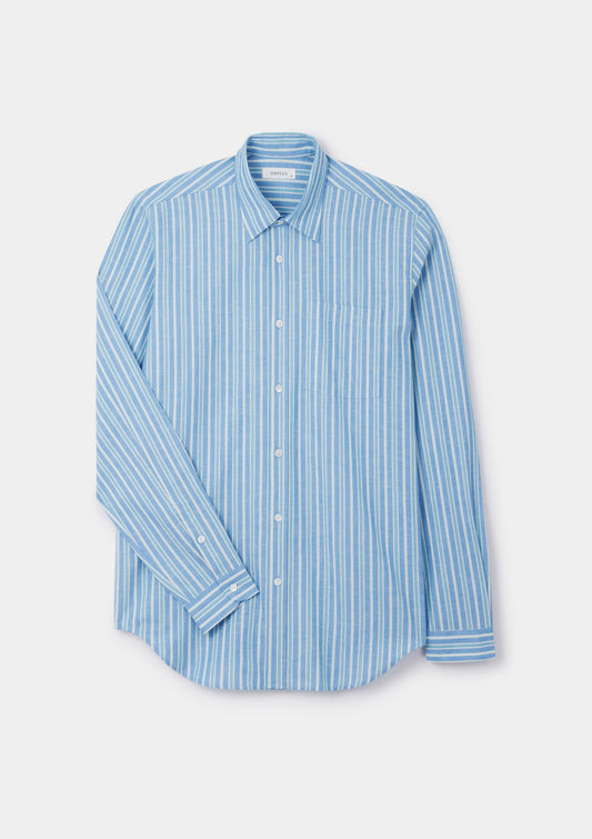 Blue & Green Cotton Linen Stripe Shirt, Collar Shirt - SIRPLUS