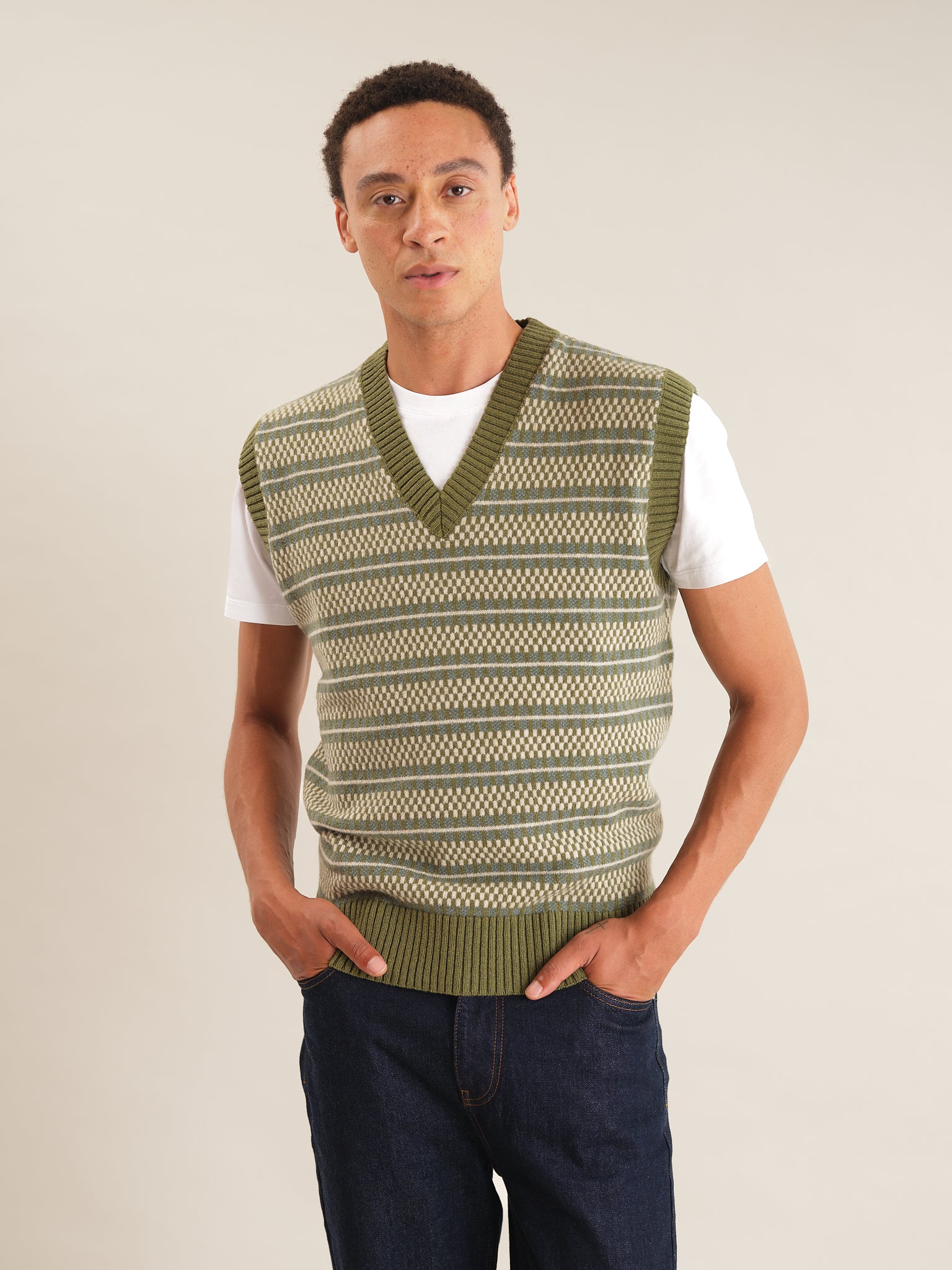 Green Grid Fair-Isle Vest, Knit Vest - SIRPLUS