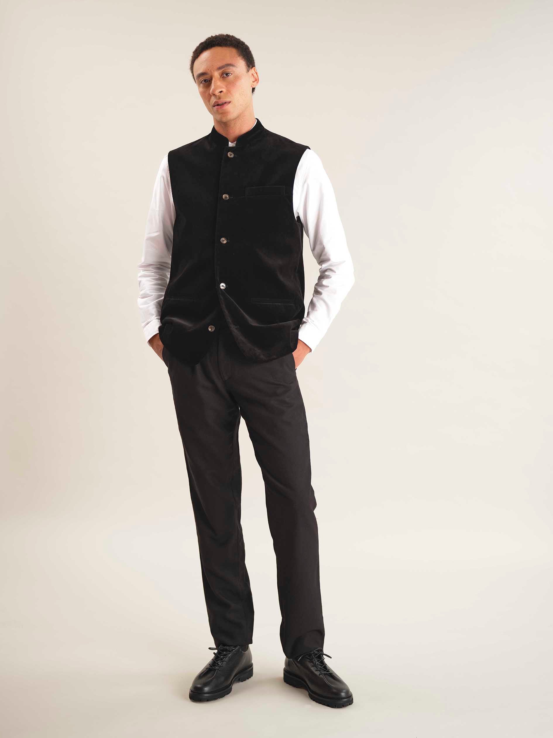 Jet Black Velvet Nehru Waistcoat, Nehru Waistcoat - SIRPLUS