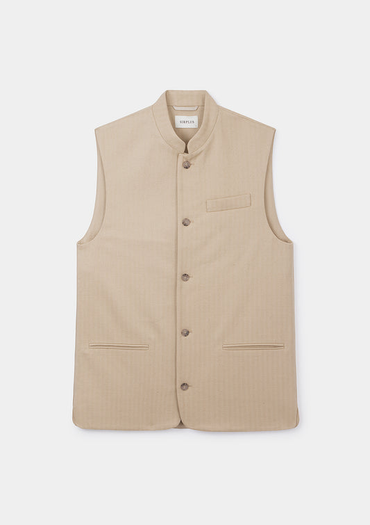 Sand Herringbone Cotton Linen Nehru Waistcoat, Nehru Waistcoat - SIRPLUS
