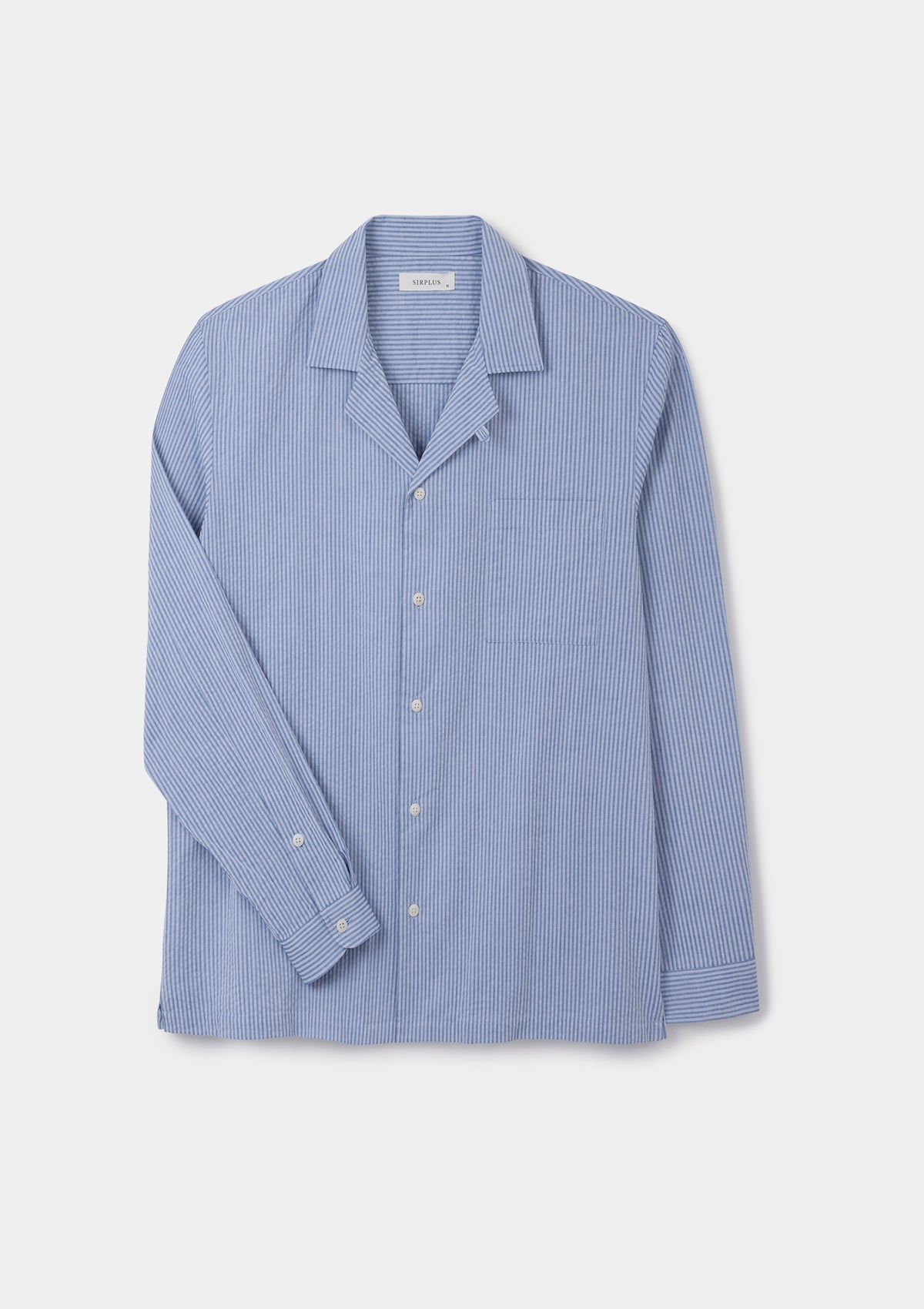 Blue Seersucker Stripe Long Sleeve Cuban Shirt, Long Sleeve Cuban Shirt - SIRPLUS