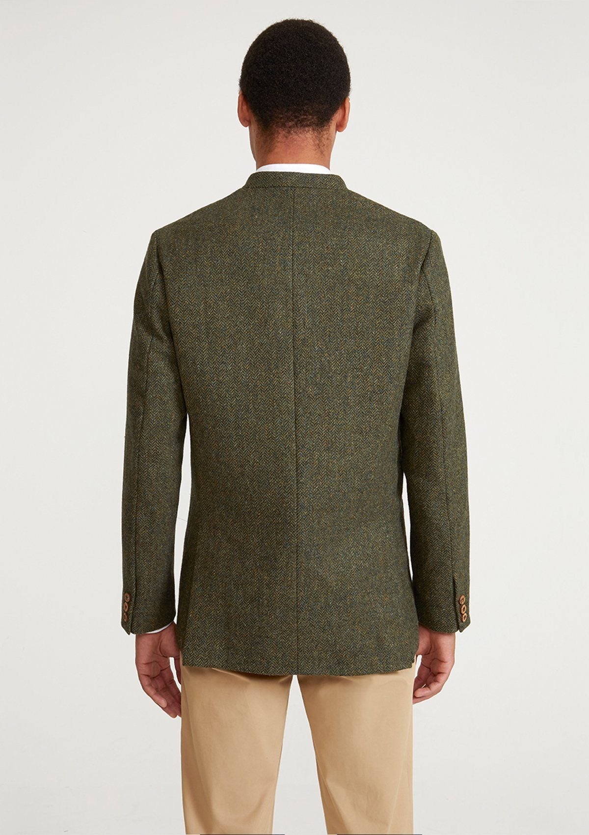 Green Herringbone Tweed Nehru Jacket, Nehru Jackets - SIRPLUS