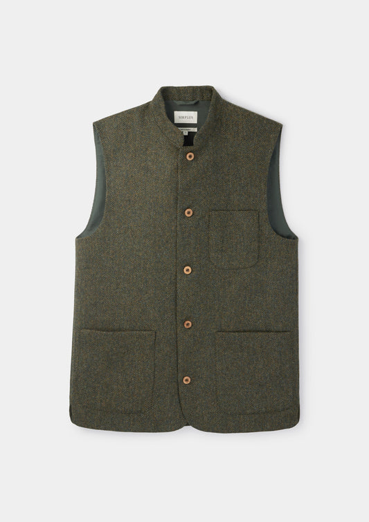 Green Herringbone Tweed Nehru Waistcoat, Nehru Waistcoats - SIRPLUS